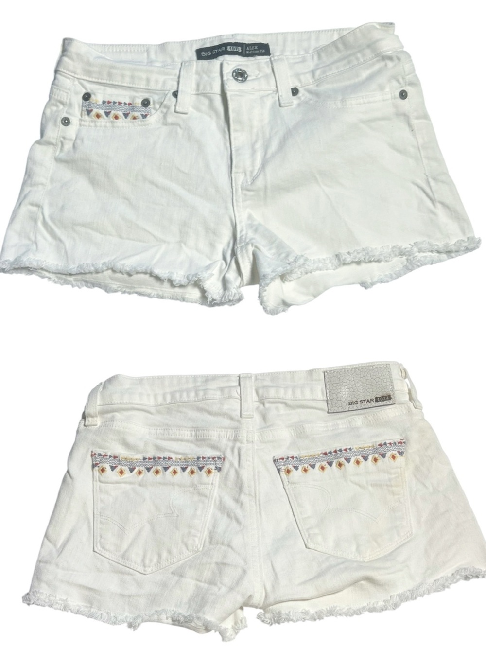 Big Star 1974  Alex embroidered detail white denim cut off shorts waist 27”